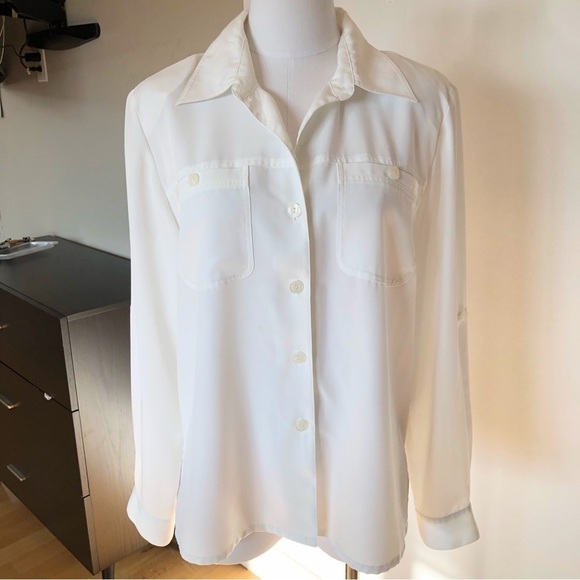 Vintage white button up padded shoulder roll tan sleeves padded shoulders top 12 - Picture 1 of 10